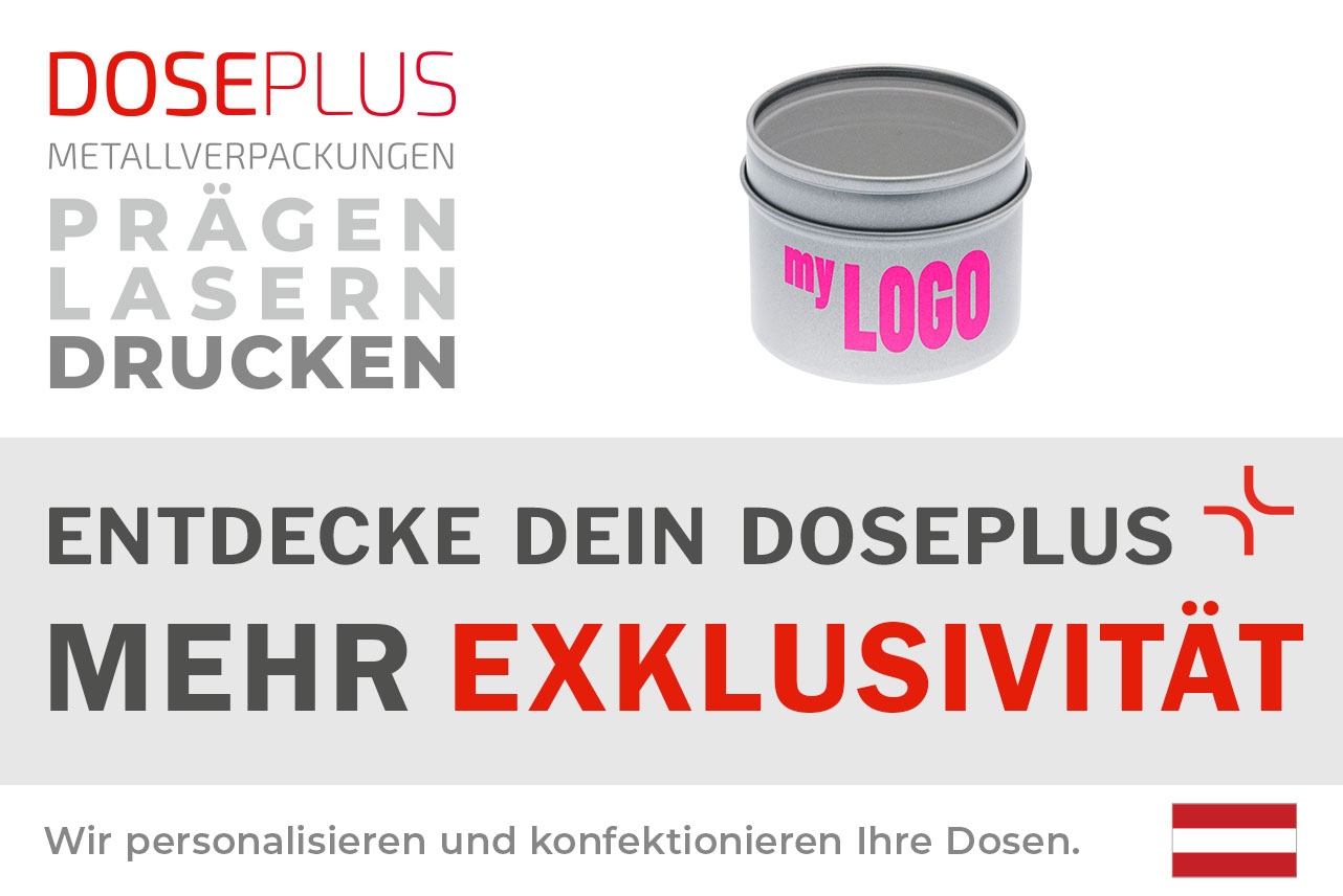 Doseplus runde Gewürzdose aus Metall mit Sichtfenster – Bannertext: Entdecke dein Doseplus, mehr Exklusivität. Hochwertige Metalldose mit Gravur oder Druck für edle Produktverpackungen.