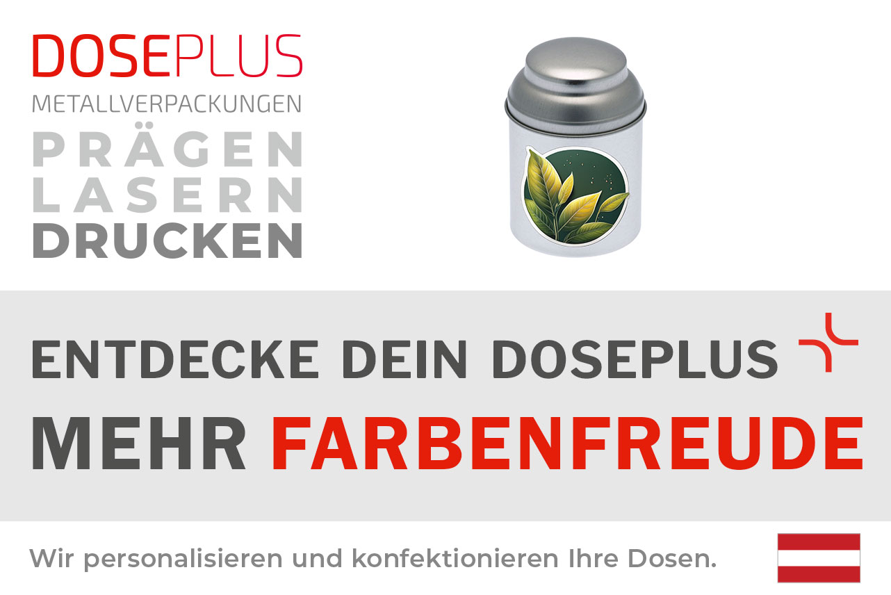 Runde Teedose Doseplus DSR 65.95 – Banner: Entdecke dein Doseplus, mehr Farbenfreude. Praktische Metalldose zur Aufbewahrung von Tee oder Gewürzen.