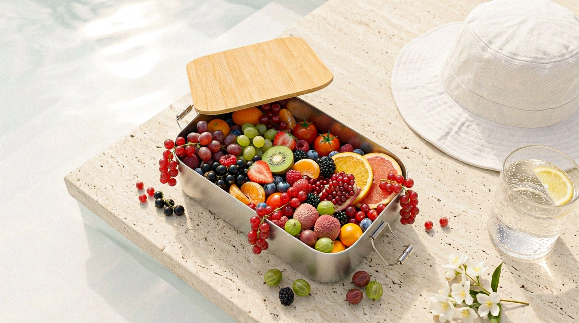 Große Edelstahl-Lunchbox CameleonPack Click Jungleschmaus mit frischem Obst wie Beeren, Trauben, Orange und Kiwi auf einer Steinplatte