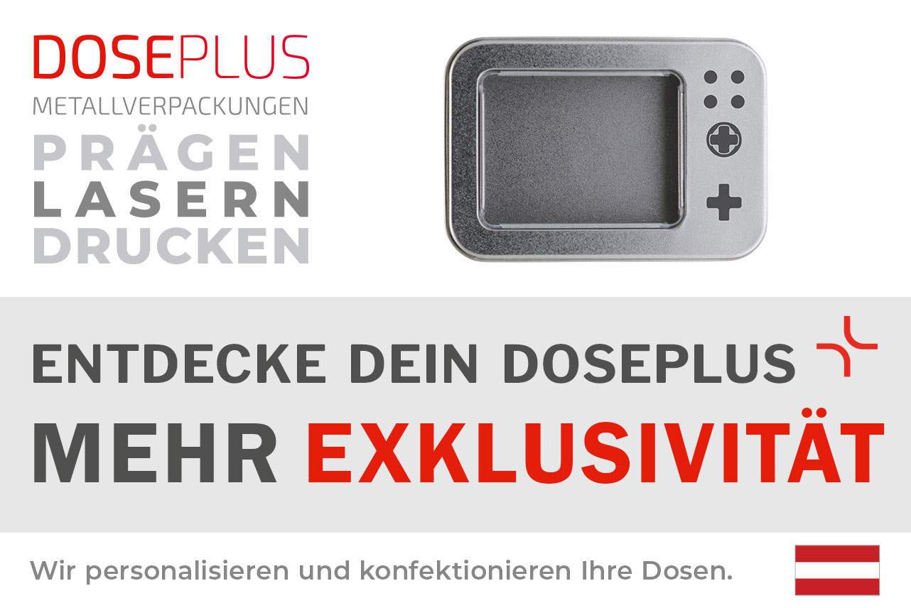Doseplus kleine Blechdose mit Sichtfenster – Bannertext: Entdecke dein Doseplus, mehr Exklusivität. Hochwertige Metalldose mit Gravur, Prägung und Druck für individuelle Markenverpackungen.