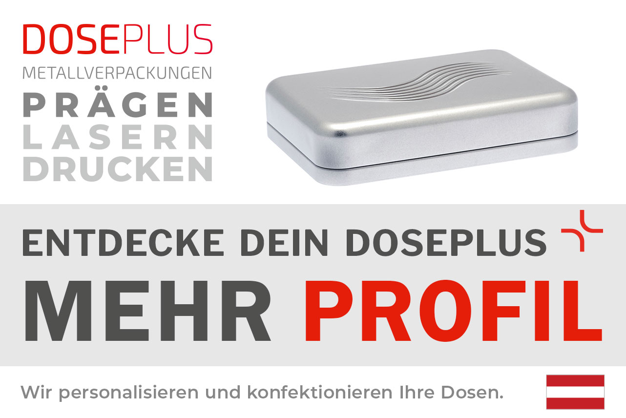 Doseplus silberne rechteckige Metalldose mit geprägtem Wellenmuster auf dem Deckel. Text: „Metallverpackungen prägen, lasern, drucken – Entdecke dein Doseplus, mehr Profil“.