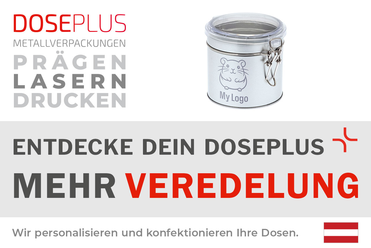 Runde Vorratsdose aus Weißblech DSA 005 mit praktischem Bügelverschluss – Banner: Entdecke dein Doseplus – Mehr Veredelung. Edle Metalldose zur individuellen Veredelung.