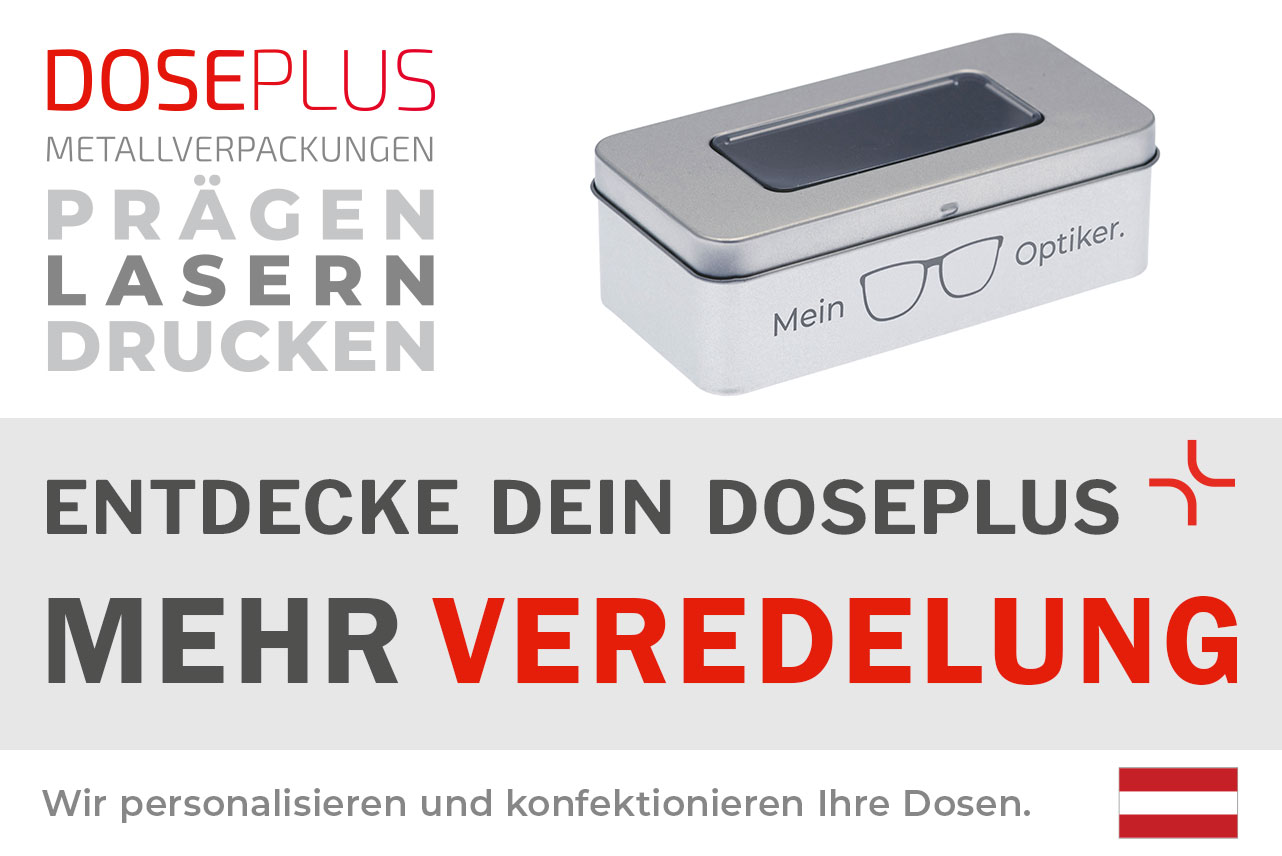 Doseplus silberne rechteckige Metalldose mit Sichtfenster und Lasergravur eines Brillensymbols sowie Schriftzug „Mein Optiker“. Text: „Metallverpackungen prägen, lasern, drucken – Entdecke dein Doseplus, mehr Veredelung“.