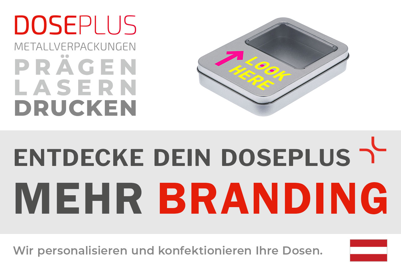 Doseplus eckige Blechdose mit Sichtfenster – Bannertext: Entdecke dein Doseplus, mehr Branding. Hochwertige Metalldose mit Druck, Gravur und Prägung für personalisierte Markenauftritte.