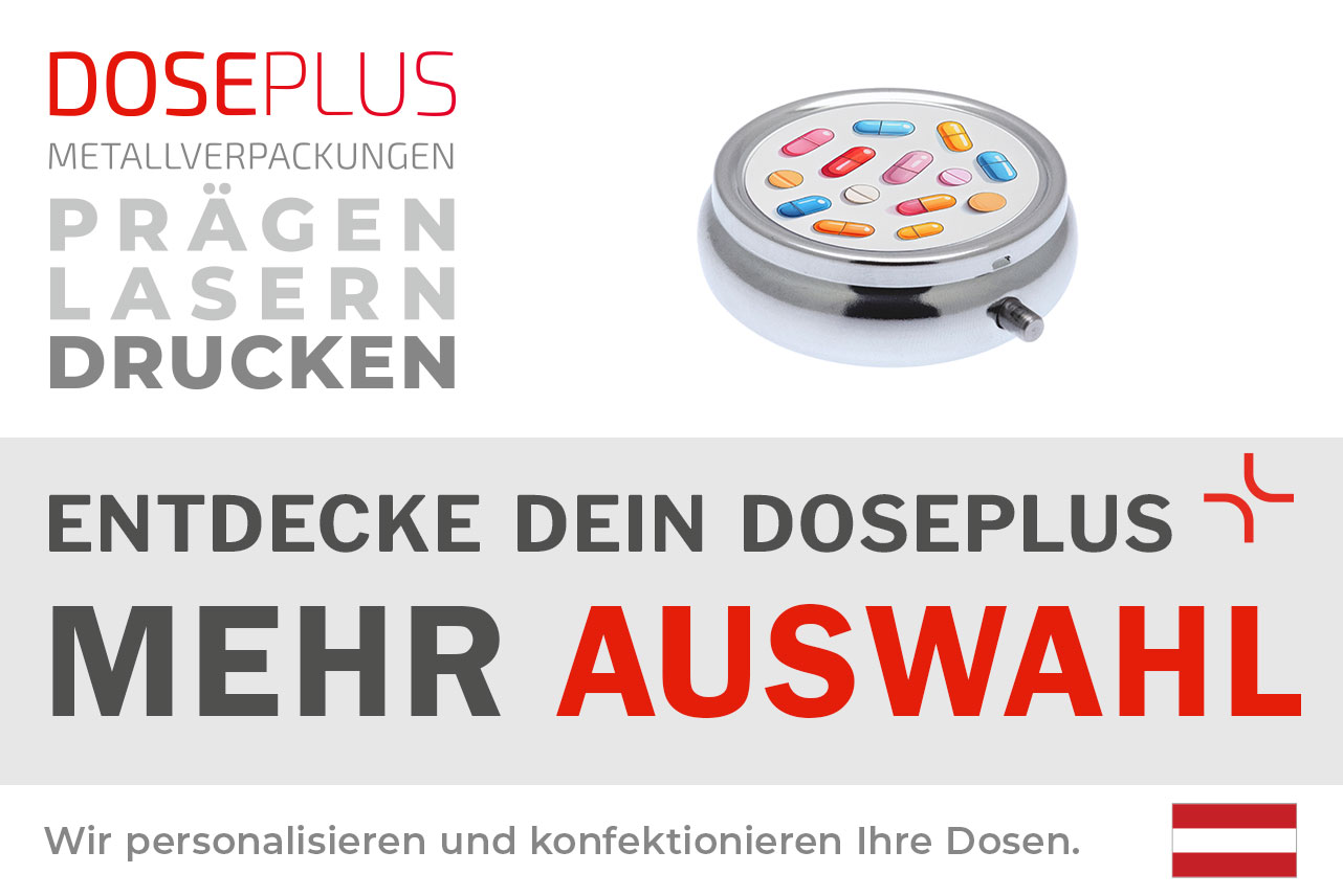 Doseplus Pillendose aus Metall – Bannertext: Entdecke dein Doseplus, mehr Auswahl. Runde, glänzende Pillendose mit individuellem Druck für personalisierte Geschenk- und Werbeartikel.
