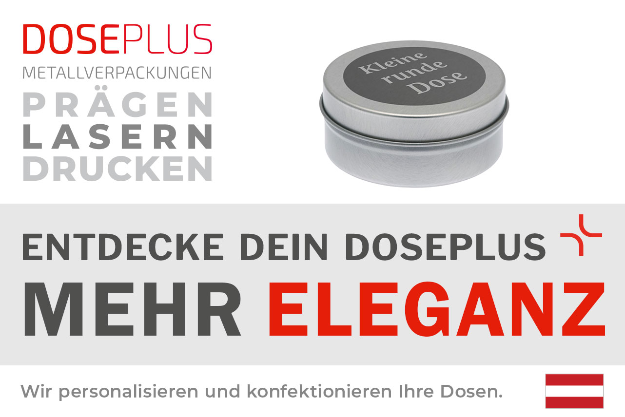 Doseplus kleine runde silberne Metalldose mit Lasergravur „Kleine runde Dose“ auf dem Deckel. Text: „Metallverpackungen prägen, lasern, drucken – Entdecke dein Doseplus, mehr Eleganz“.