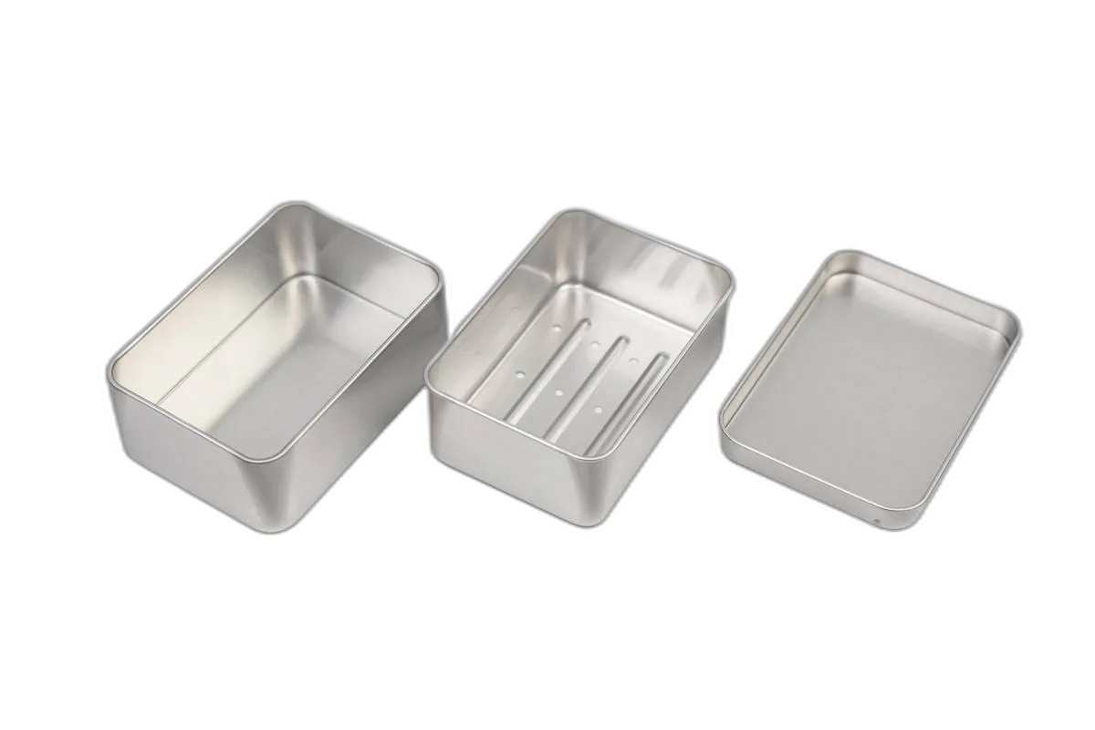 Dreiteilige Seifendose aus Aluminium mit Unterteil, Abtropfschale und Stülpdeckel