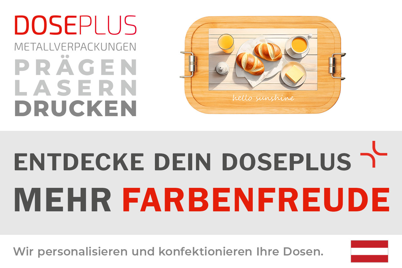 Edelstahl-Lunchbox CP BA C1 mit Bambusdeckel – Banner: Entdecke dein Doseplus – Mehr Farbenfreude. Robuste Lunchbox mit farbenfroher Optik, ideal für Branding & Gravur.