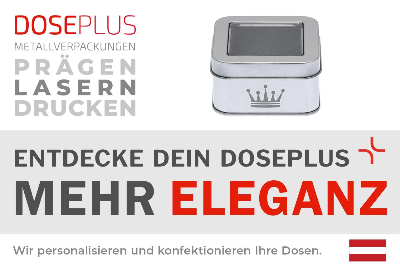 Doseplus quadratische Metalldose – Bannertext: Entdecke dein Doseplus, mehr Eleganz. Edle Blechdose mit Gravur, Prägung und Druck für stilvolle Verpackungslösungen.