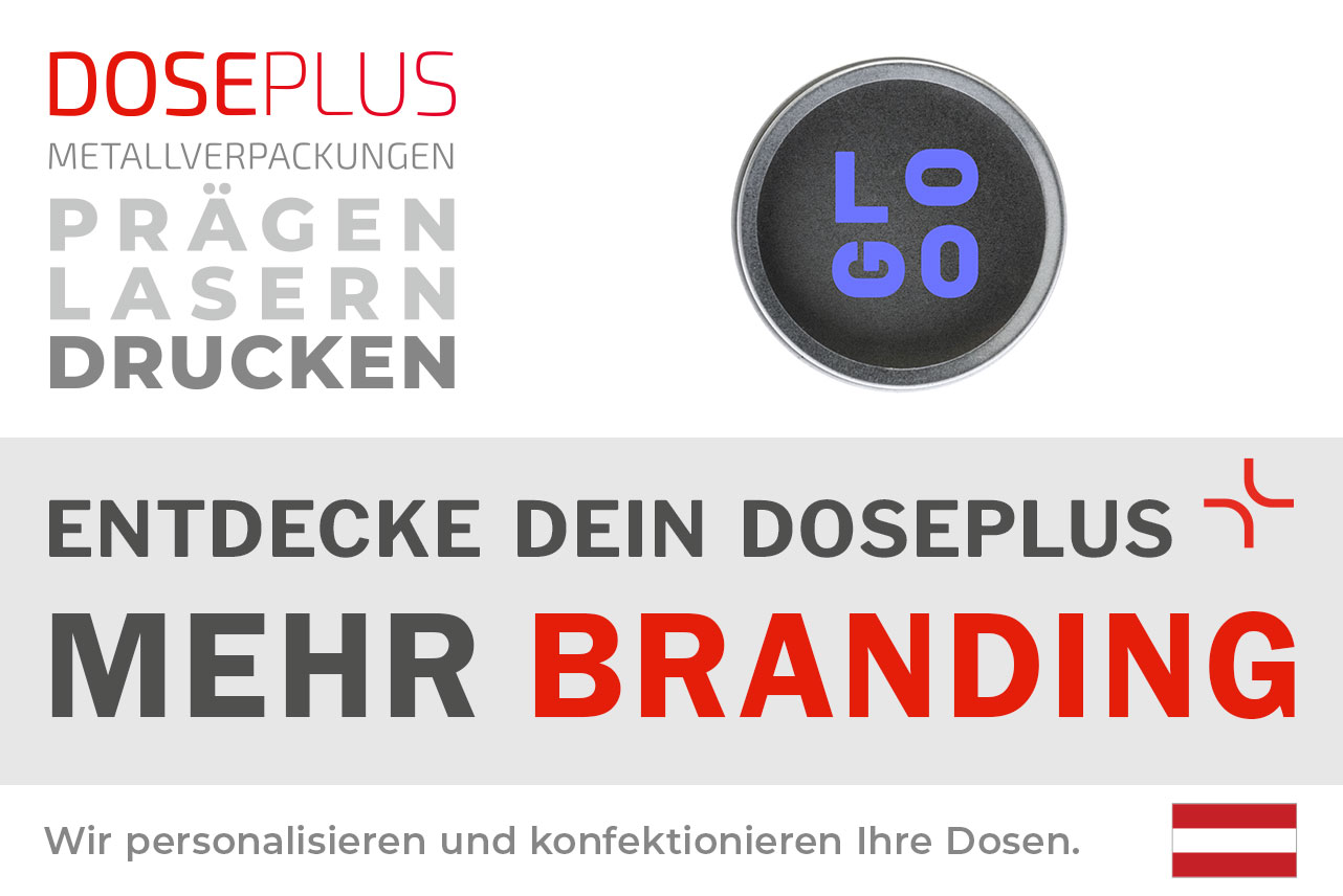 Doseplus runde Schraubdeckeldose mit Sichtfenster – Bannertext: Entdecke dein Doseplus, mehr Branding. Hochwertige Metalldose mit Druck, Gravur und Prägung für personalisierte Markenverpackungen.