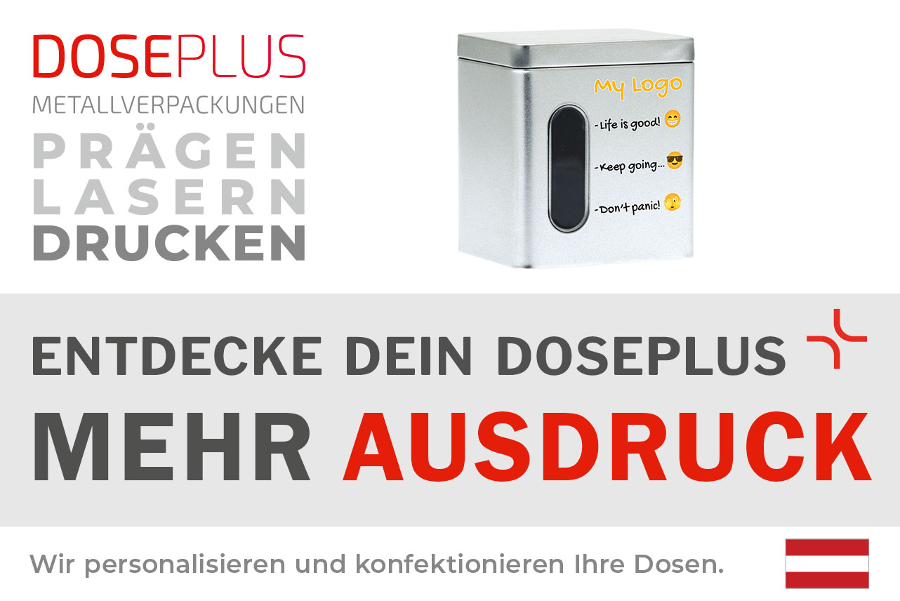 Rechteckige Weißblech-Vorratsdose DSA 010 mit Sichtfenster – Banner: Entdecke dein Doseplus – Mehr Ausdruck. Robuste Metalldose für maßgeschneiderte Veredelung und Branding.