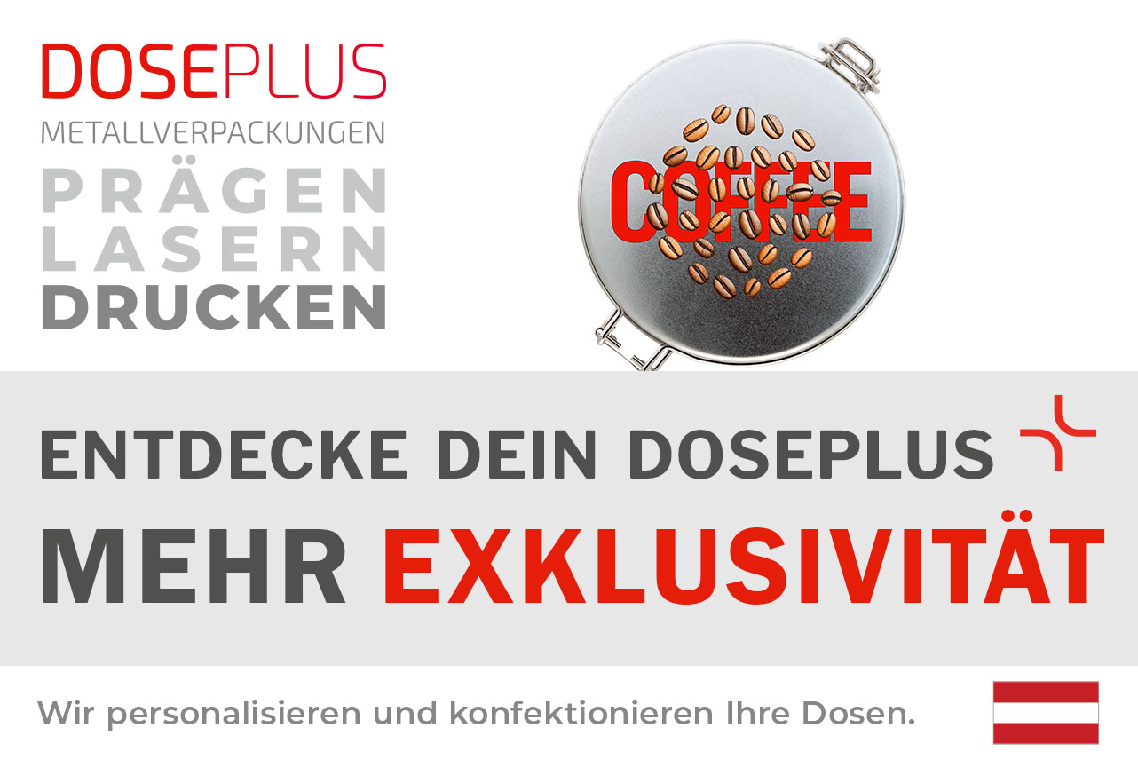 Runde Kaffeeblechdose DSA 025 – Banner: Entdecke dein Doseplus – Mehr Exklusivität. Robuste Metallverpackung zur professionellen Individualisierung und Werbeanbringung im B2B-Bereich.