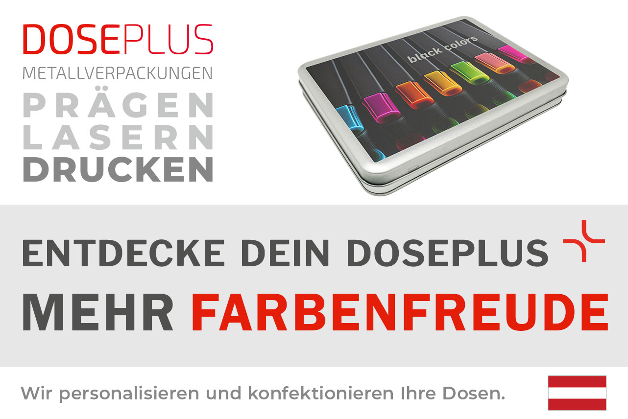 Doseplus rechteckige silberne Metalldose mit farbenfrohem Druck und Motiv bunter Stifte auf schwarzem Hintergrund. Text: „Metallverpackungen prägen, lasern, drucken – Entdecke dein Doseplus, mehr Farbenfreude“.