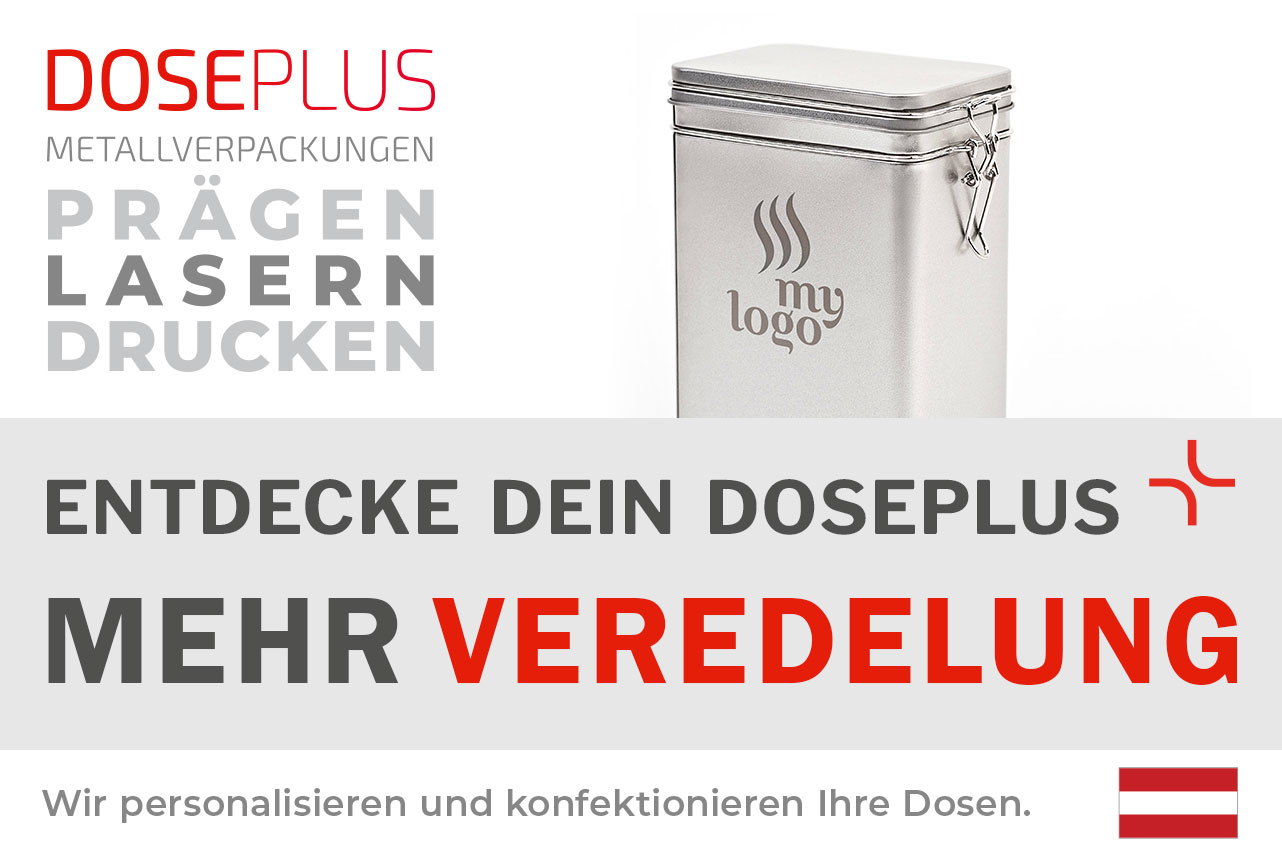 Metall-Kaffeedose DSA 021 für 500g Kaffee – Banner: Entdecke dein Doseplus – Mehr Veredelung. Robuste Verpackung zur hochwertigen Individualisierung und B2B-Veredelung.