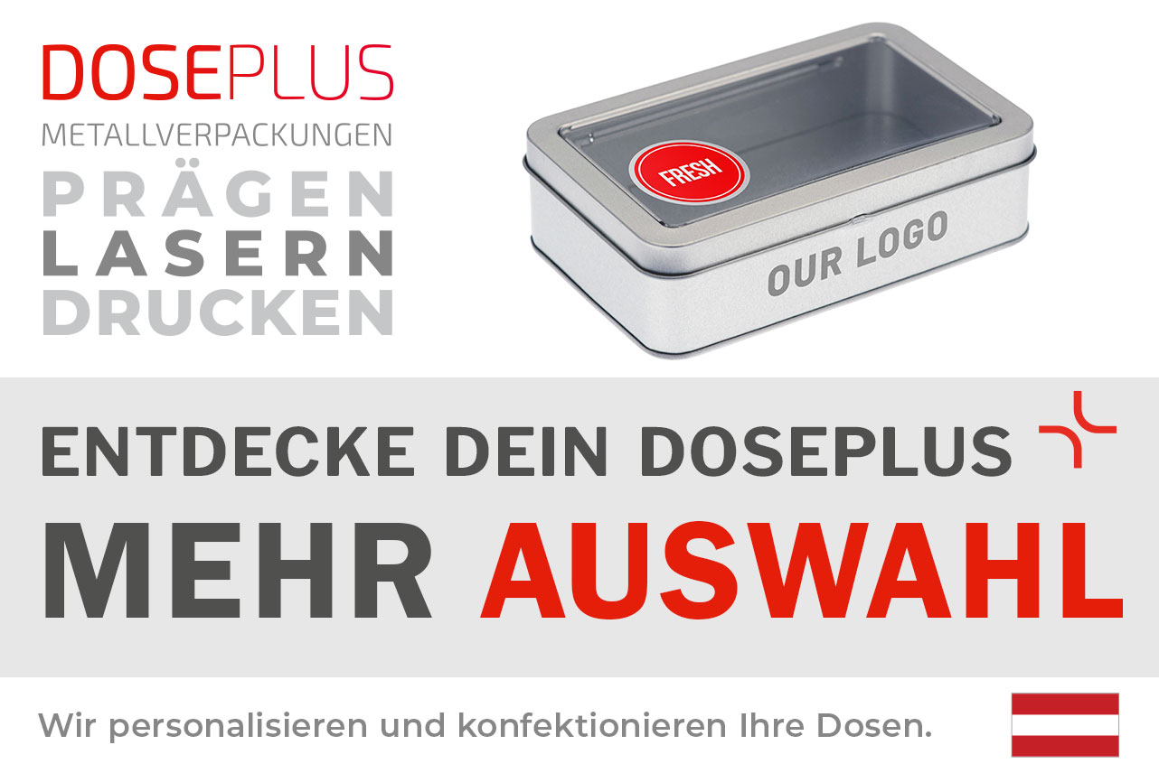 Doseplus silberne rechteckige Metalldose mit Sichtfenster, rotem Aufkleber mit der Aufschrift „FRESH“ und Seitendruck „OUR LOGO“. Text: „Metallverpackungen prägen, lasern, drucken – Entdecke dein Doseplus, mehr Auswahl“.