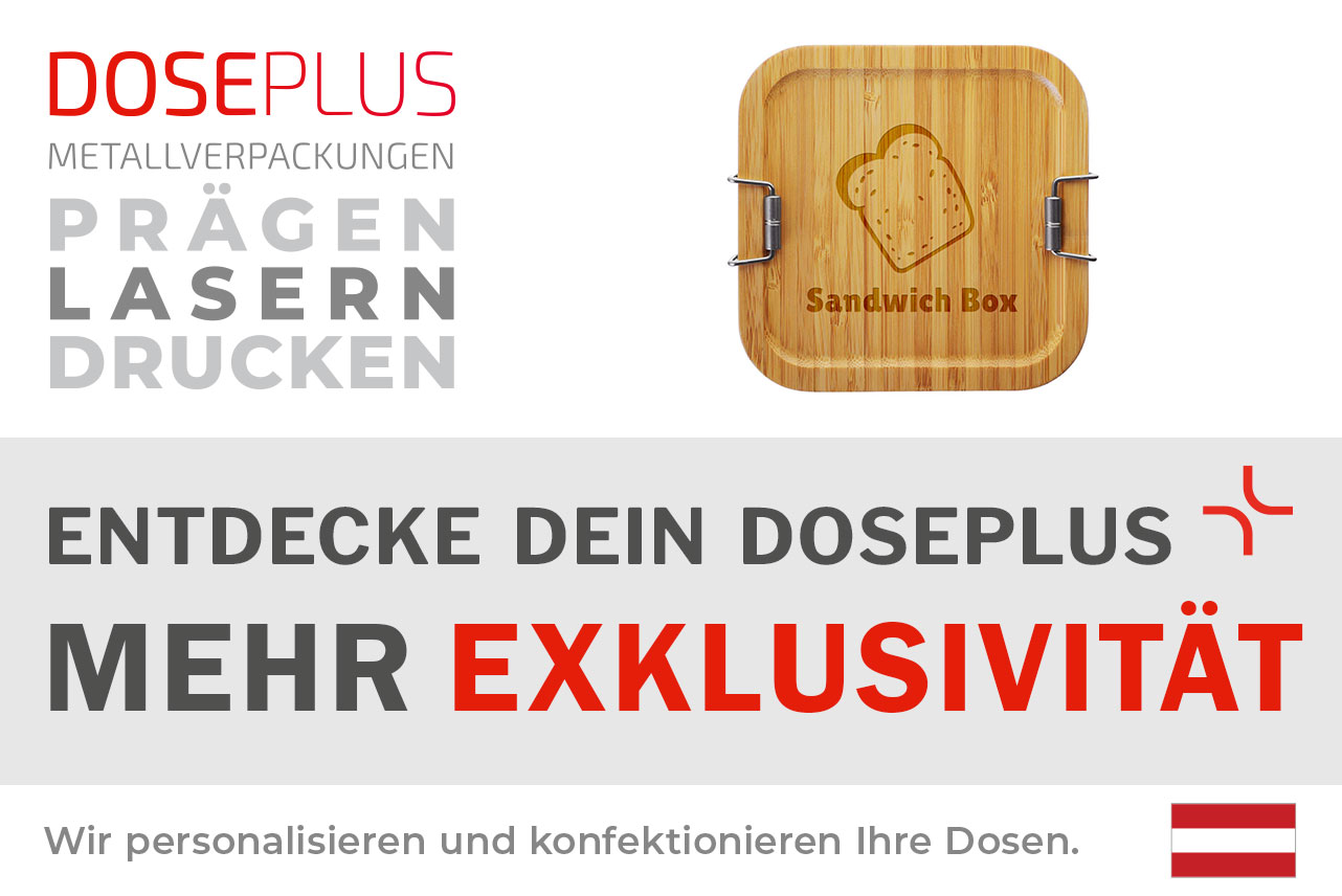 Rechteckige Bambus-Lunchbox CP BA Q1 von Doseplus mit individualisierbarer Gravur- und Druckfläche. Bannertext: „Entdecke dein Doseplus – mehr Exklusivität“. Ideal für personalisierte Werbeartikel und Firmenpräsente.