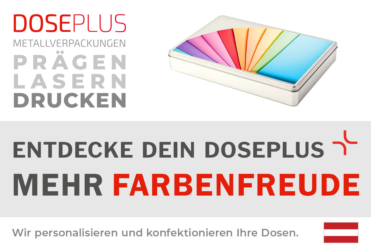 Doseplus A4 Maxi Metalldose – Bannertext: Entdecke dein Doseplus, mehr Farbenfreude. Große, silberne DIN-A4-Dose mit Druckveredelung für kreative Verpackungslösungen und farbenfrohes Branding.