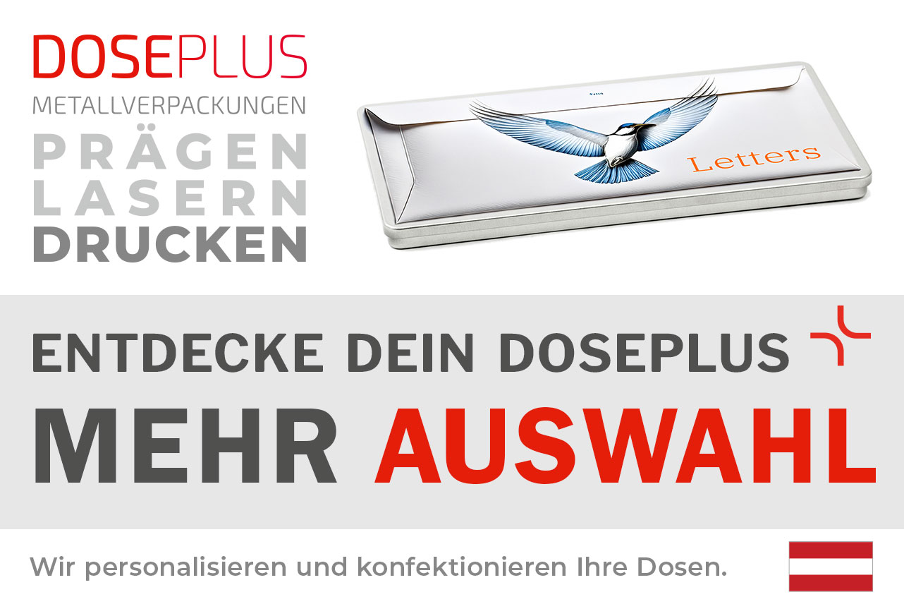 Doseplus flache rechteckige Metalldose im Format DIN lang mit Druck eines fliegenden Vogels und Schriftzug „Letters“. Text: „Metallverpackungen prägen, lasern, drucken – Entdecke dein Doseplus, mehr Auswahl“.