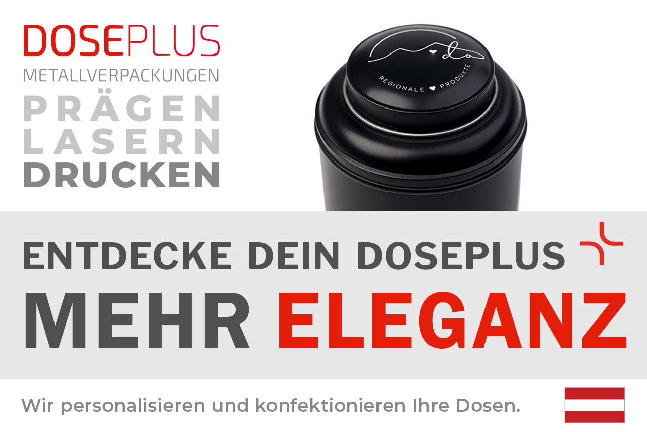 Doseplus schwarze Metalldose mit elegantem Deckelmotiv in Weiß, feinem Linien-Design und Schriftzug „Regionale Produkte“. Text: „Metallverpackungen prägen, lasern, drucken – Entdecke dein Doseplus, mehr Eleganz“.