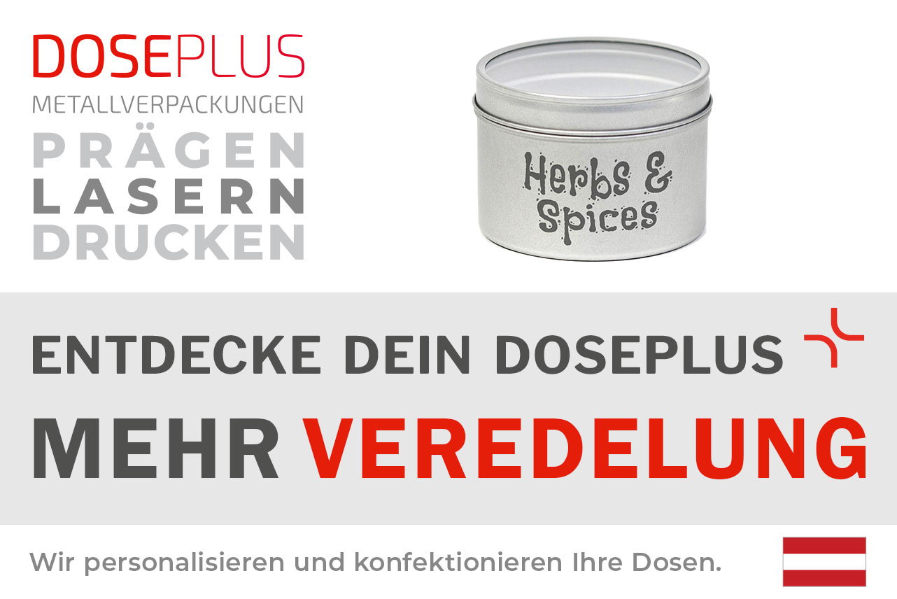 Doseplus Gewürzdose aus Metall mit Sichtfenster – Bannertext: Entdecke dein Doseplus, mehr Veredelung. Runde Kräuterdose mit Gravur und Druckoption für hochwertige Produktverpackungen.
