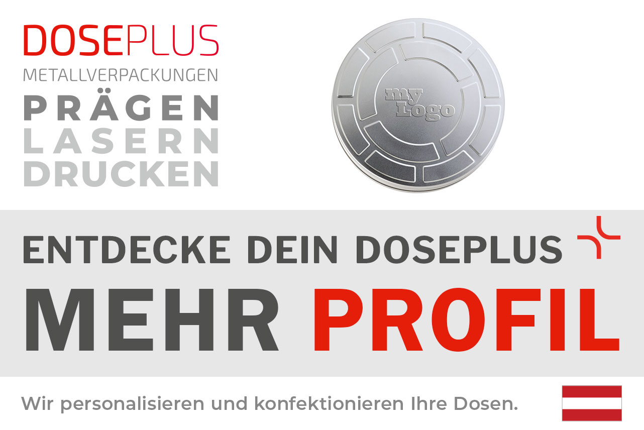 Runde Filmdose FD 100 von Doseplus – Bannertext: „Entdecke dein Doseplus – mehr Profil“. Professionelle Metalldose für individualisiertes Bedrucken, Gravieren und Prägen.