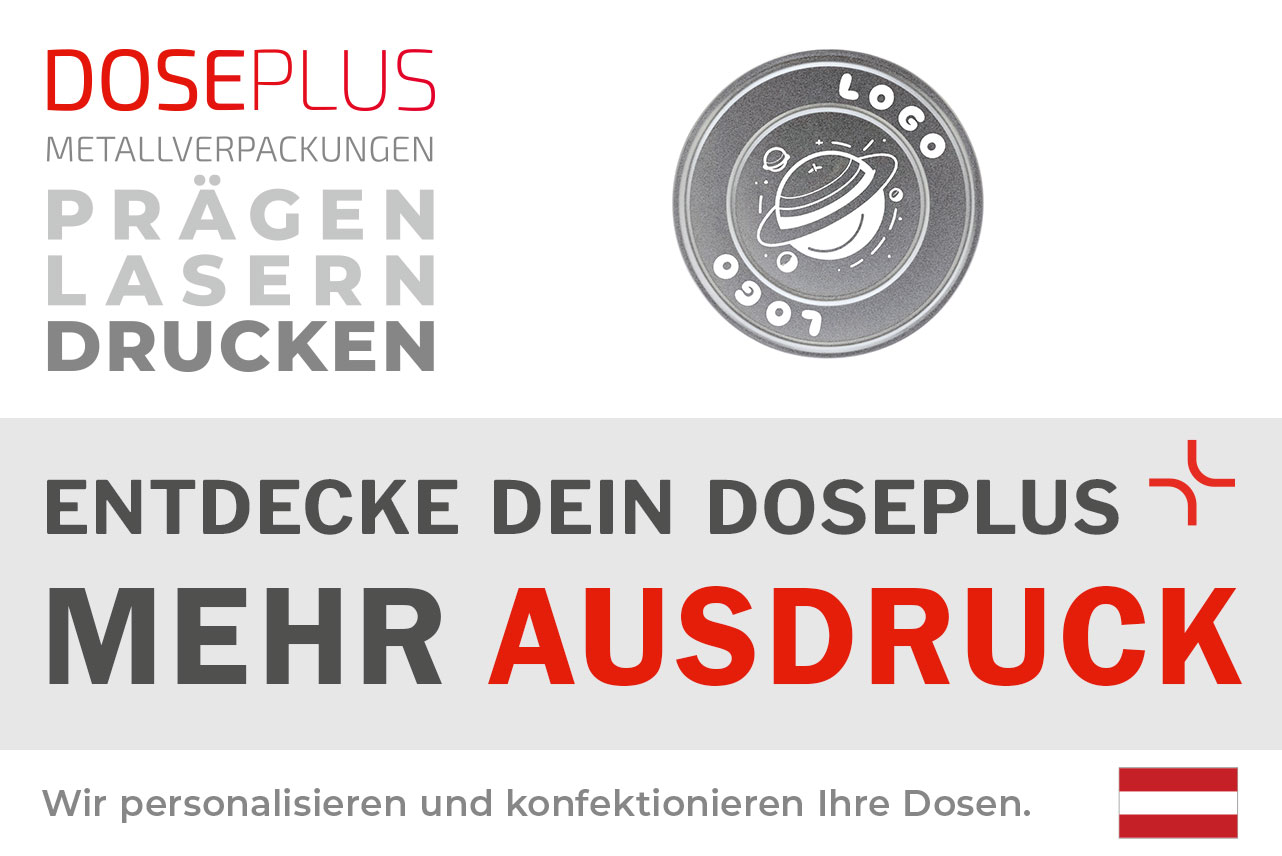 Runde Filmdose FD 005 von Doseplus – Banner: „Entdecke dein Doseplus – mehr Ausdruck“. Premium-Metalldose zur Personalisierung durch Druck, Gravur oder Prägung.