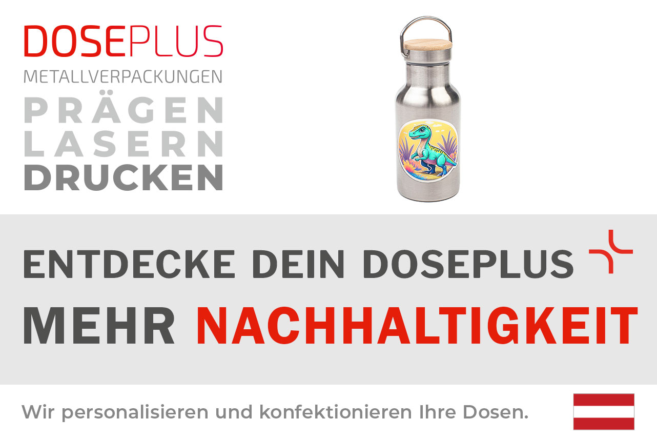 Edelstahl-Trinkflasche von Doseplus mit Branding – Bannertext: „Entdecke dein Doseplus – mehr “. Hinweis auf personalisierte Veredelung wie Druck, Gravur und Prägung.