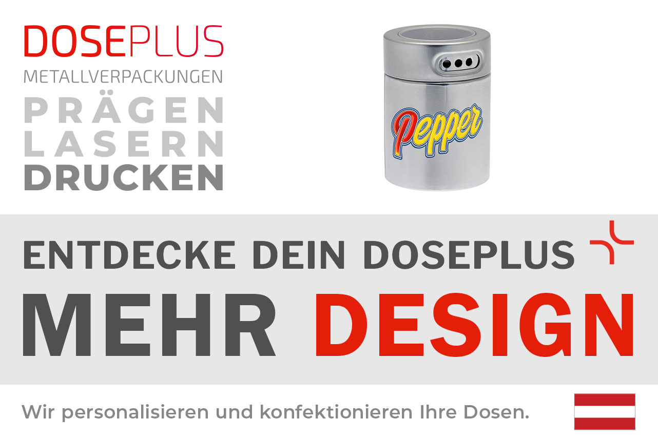 Doseplus Gewürzstreuer aus Metall – Bannertext: Entdecke dein Doseplus, mehr Design. Moderner Streuer mit Gravur oder Druck für stilvolle Gewürzverpackungen.