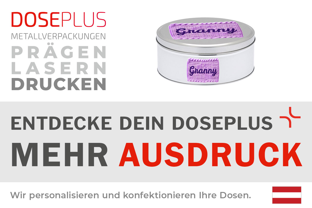 Doseplus runde Weißblechdose DSR-055 – Bannertext: Entdecke dein Doseplus, mehr Ausdruck. Runde Metallverpackung ideal für personalisierte Werbeideen mit hochwertigem Druck.