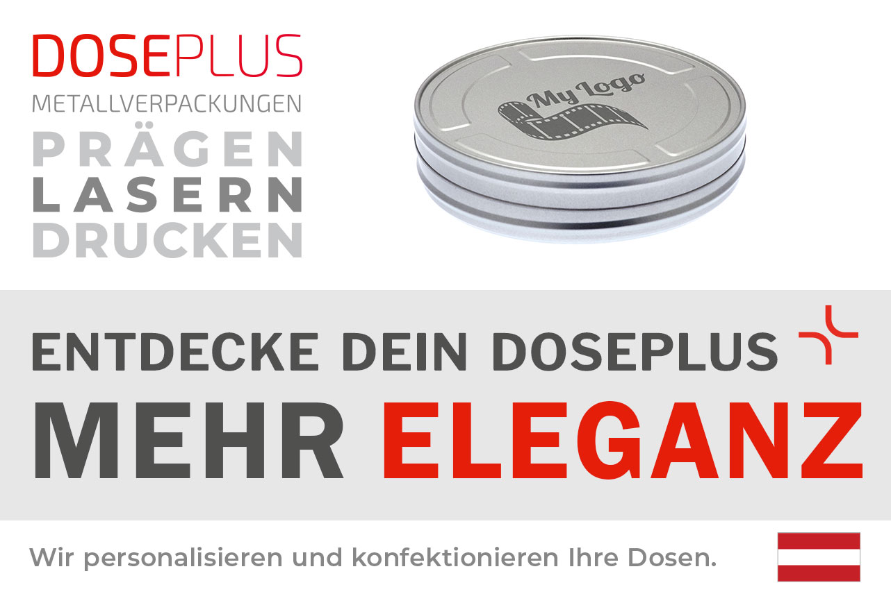 Runde Filmdose FD 015 von Doseplus in Silber – Bannertext: „Entdecke dein Doseplus – mehr Eleganz“. Hinweis auf Druck, Gravur und Prägung als verfügbare Veredelungen.
