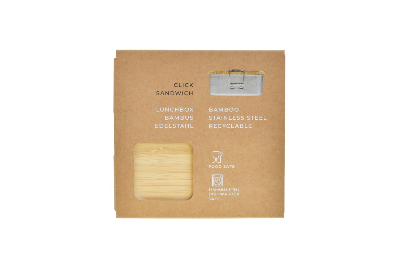 Verpackung für Sandwichbox mit Bambusdeckel – Vorderansicht für Branding und Personalisierung.