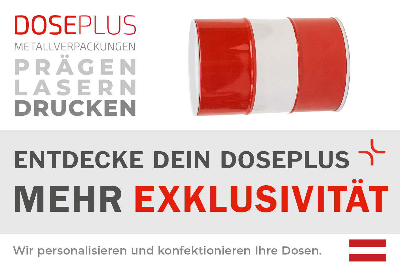 Doseplus runde Metalldose in Rot und Weiß mit glänzender Oberfläche, im exklusiven Design. Text: „Metallverpackungen prägen, lasern, drucken – Entdecke dein Doseplus, mehr Exklusivität“.