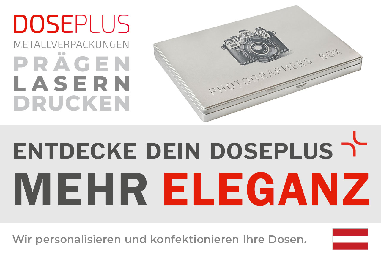 Doseplus rechteckige silberne Metalldose mit Lasergravur einer Kamera und Schriftzug „Photographers Box“. Text: „Metallverpackungen prägen, lasern, drucken – Entdecke dein Doseplus, mehr Eleganz“.