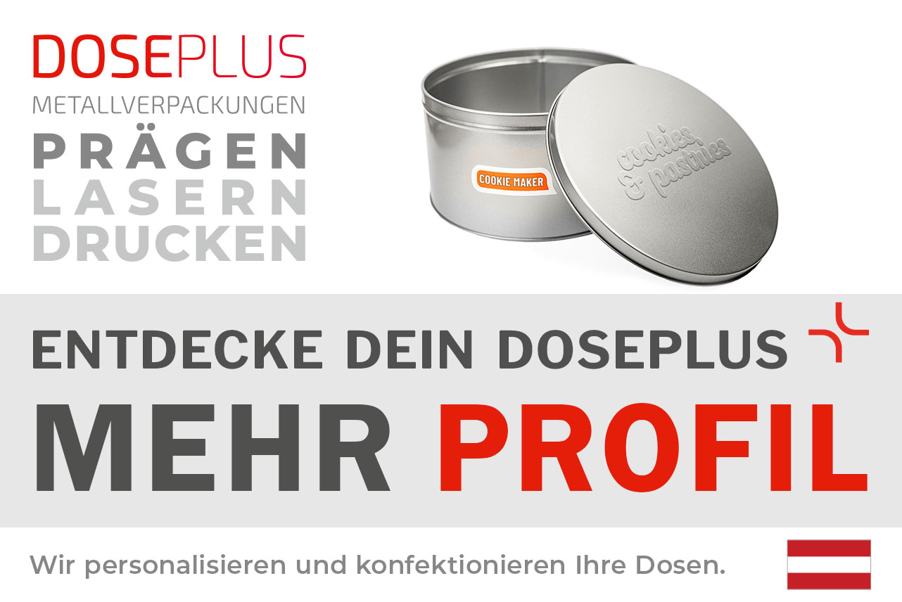 Doseplus runde silberne Metalldose mit geprägtem Schriftzug „cookies & pastries“ und Aufkleber „COOKIE MAKER“. Text: „Metallverpackungen prägen, lasern, drucken – Entdecke dein Doseplus, mehr Profil“.